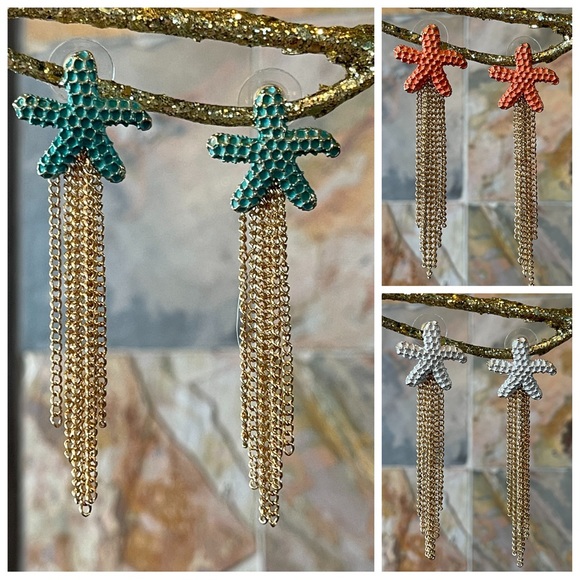 🎁 Hand Painted Textured Starfish Fringe Earrings - Picture 1 of 11